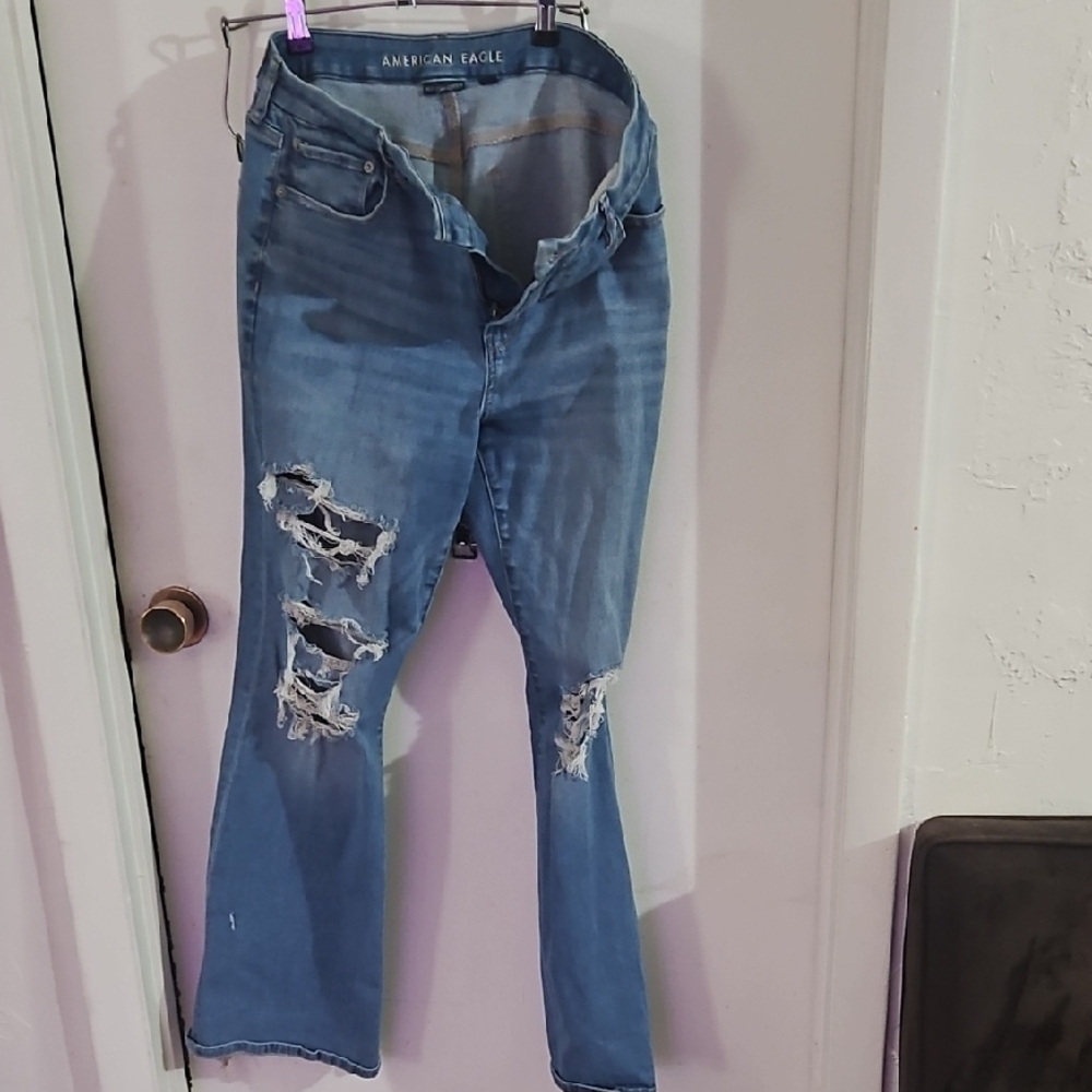 American Eagle Outfitters Women's Blue Distressed Flare Jeans